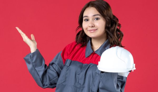 Front view of happy female architect